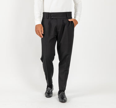 Pantalone con Fascia a Vita Alta e Doppio Bottone - Nero