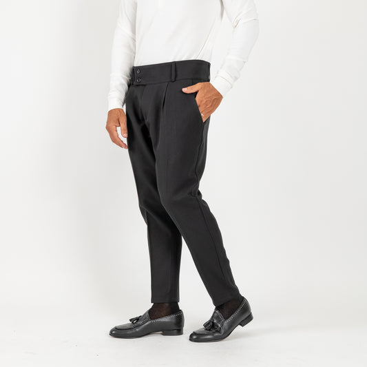 Pantalone con Fascia a Vita Alta e Doppio Bottone - Nero