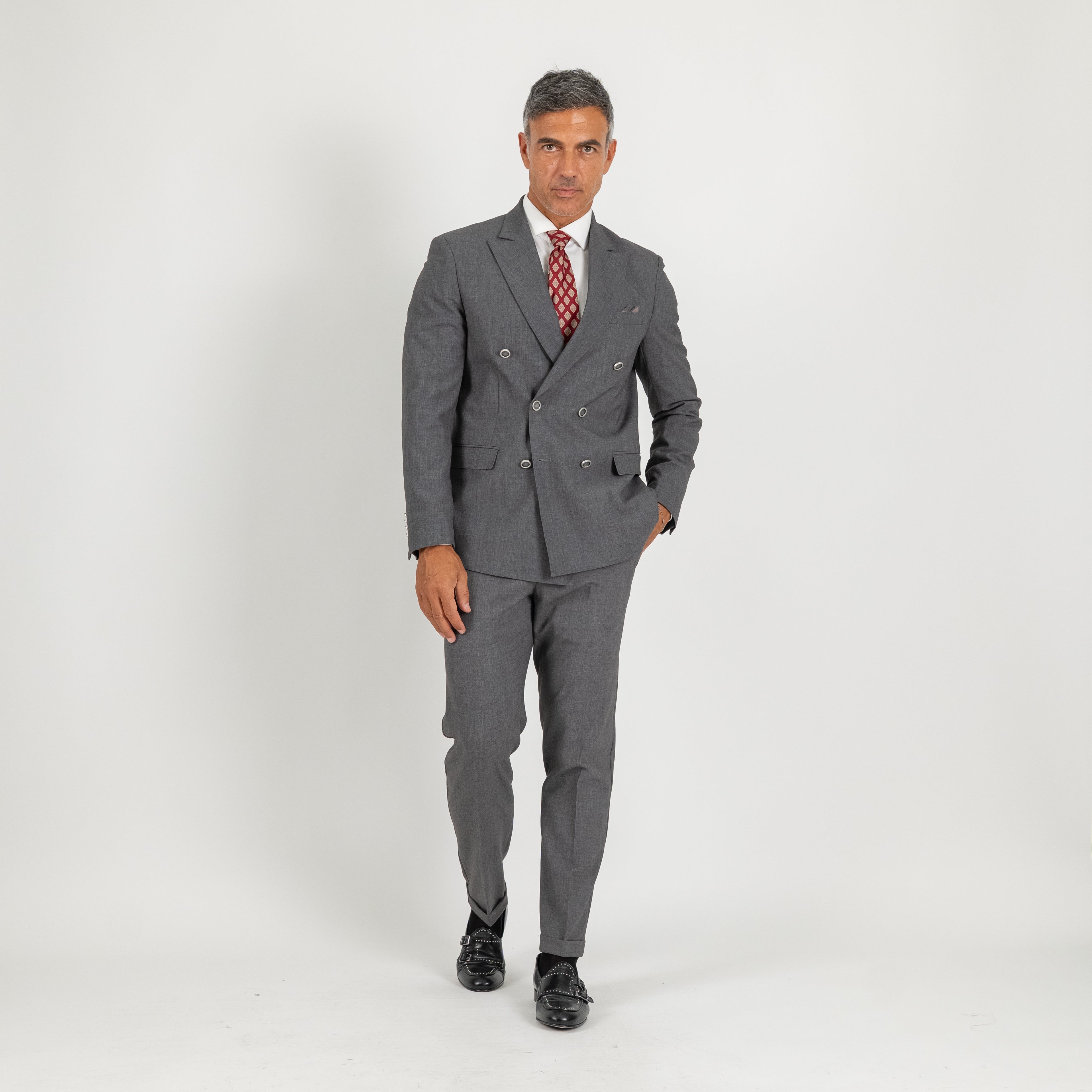 Abito doppio petto con pantalone con bustino - Piombo