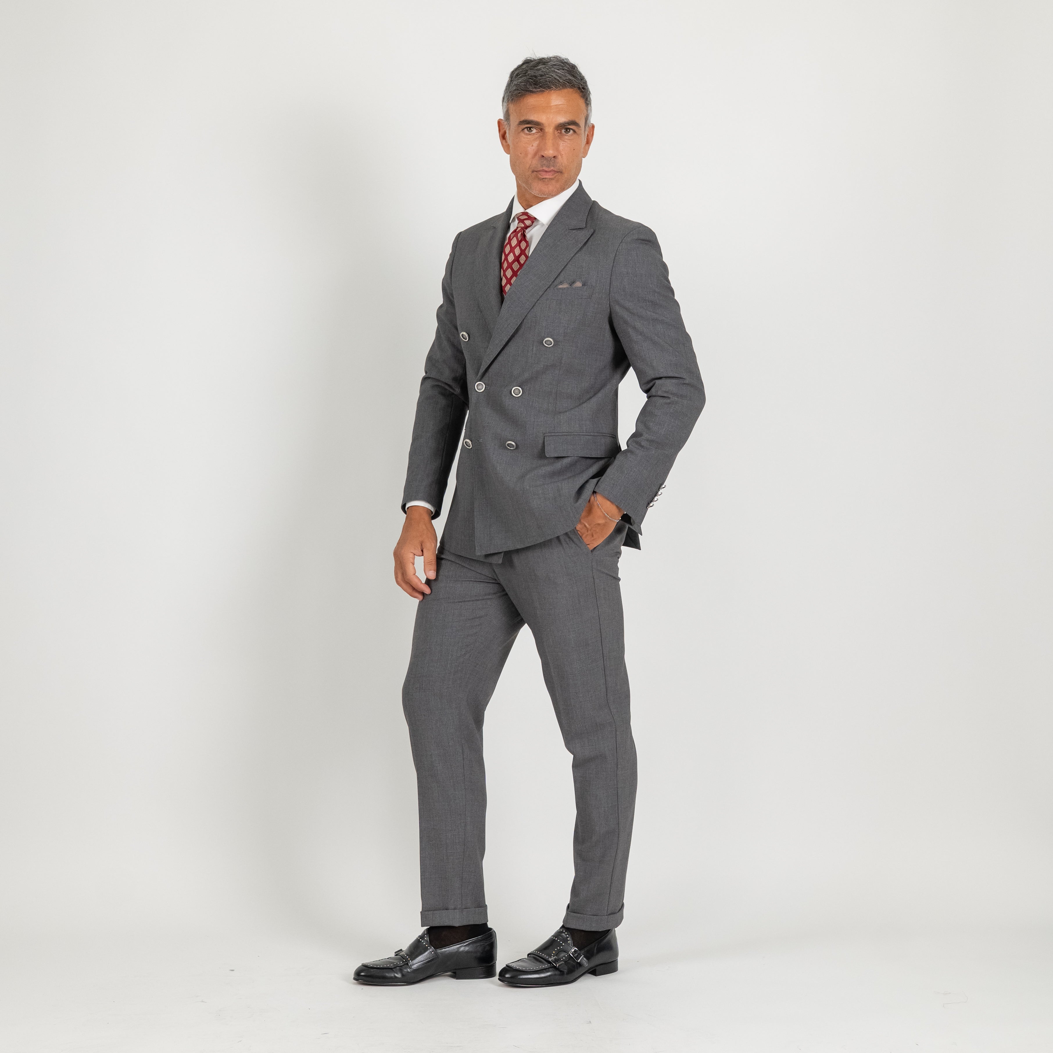 Abito doppio petto con pantalone con bustino - Piombo