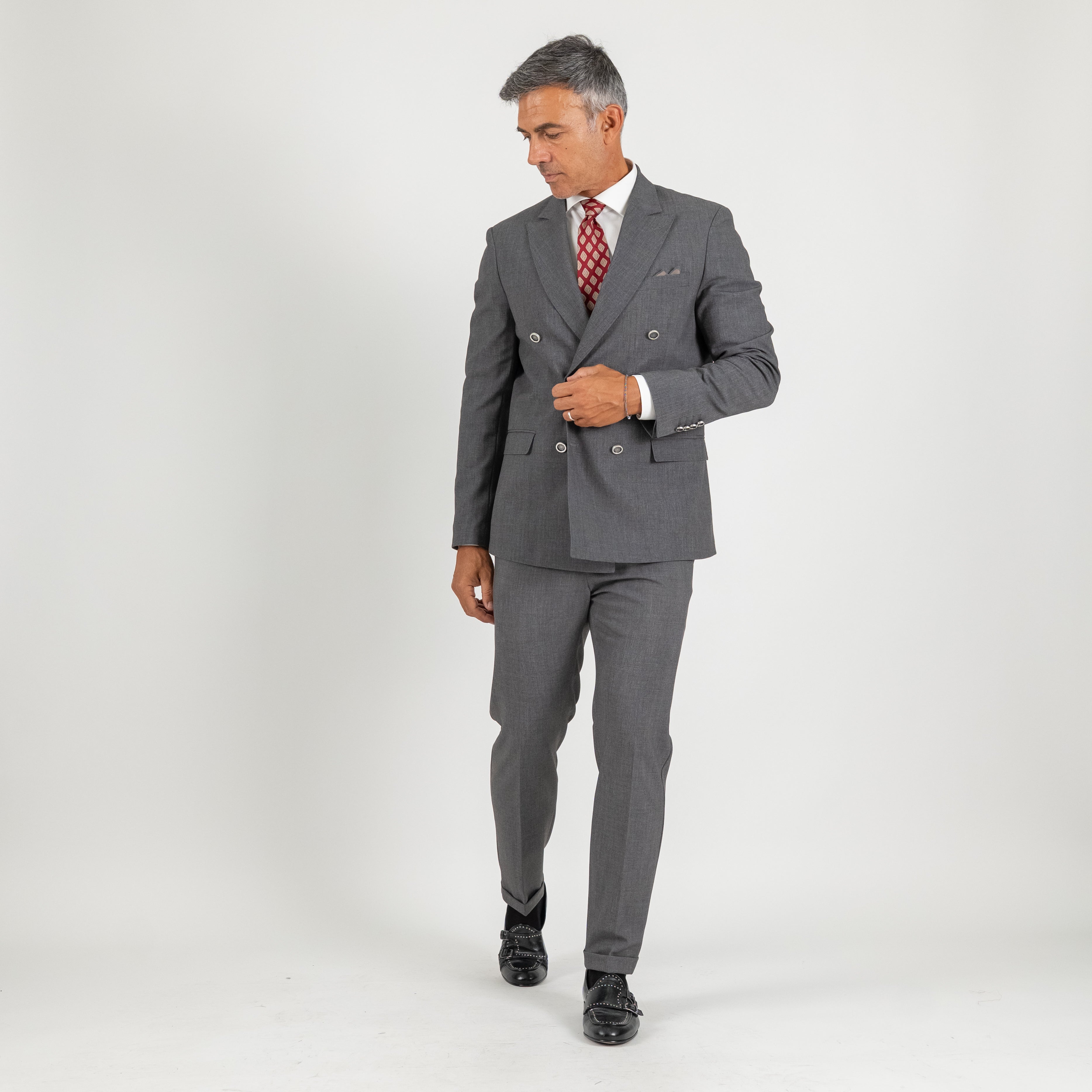 Abito doppio petto con pantalone con bustino - Piombo