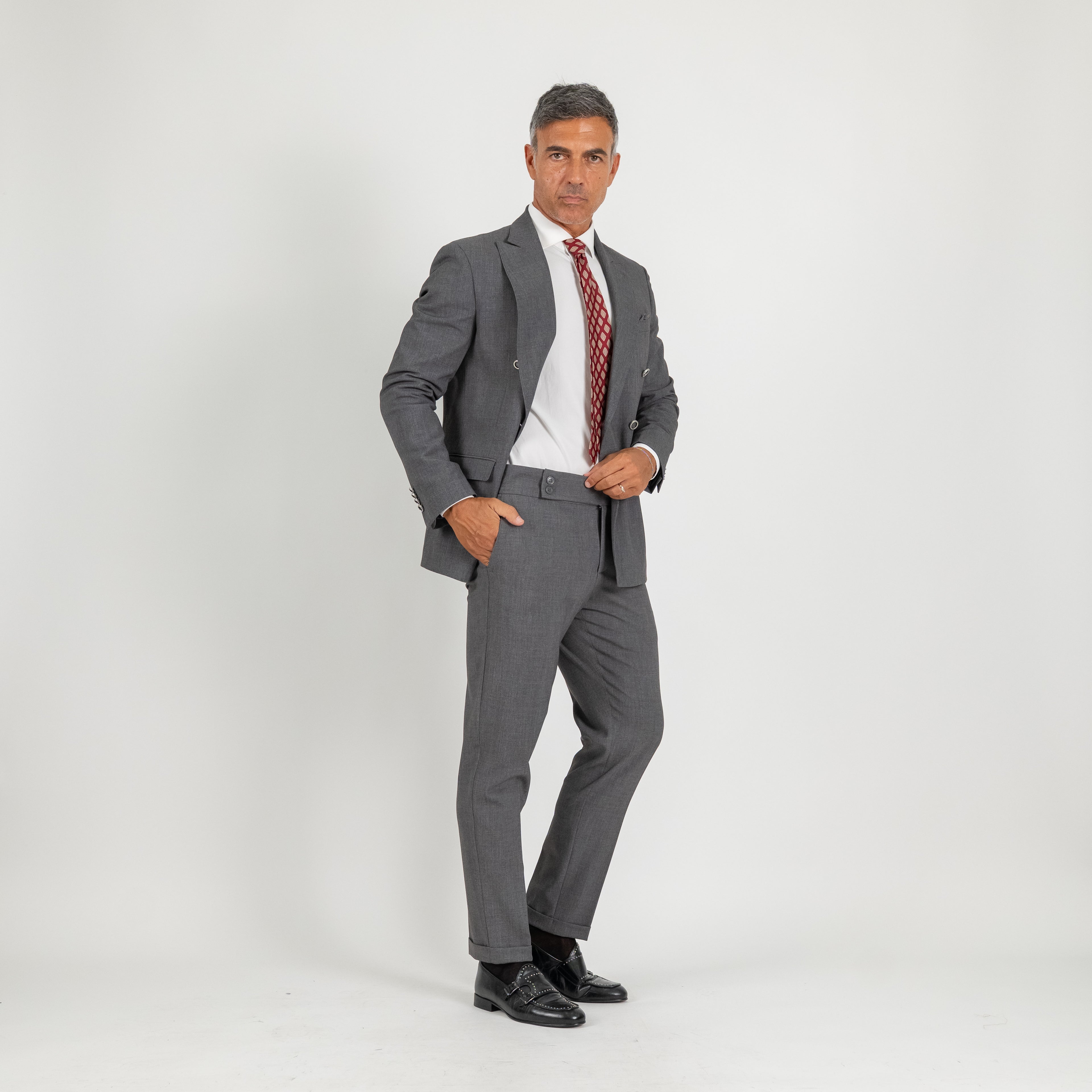 Abito doppio petto con pantalone con bustino - Piombo