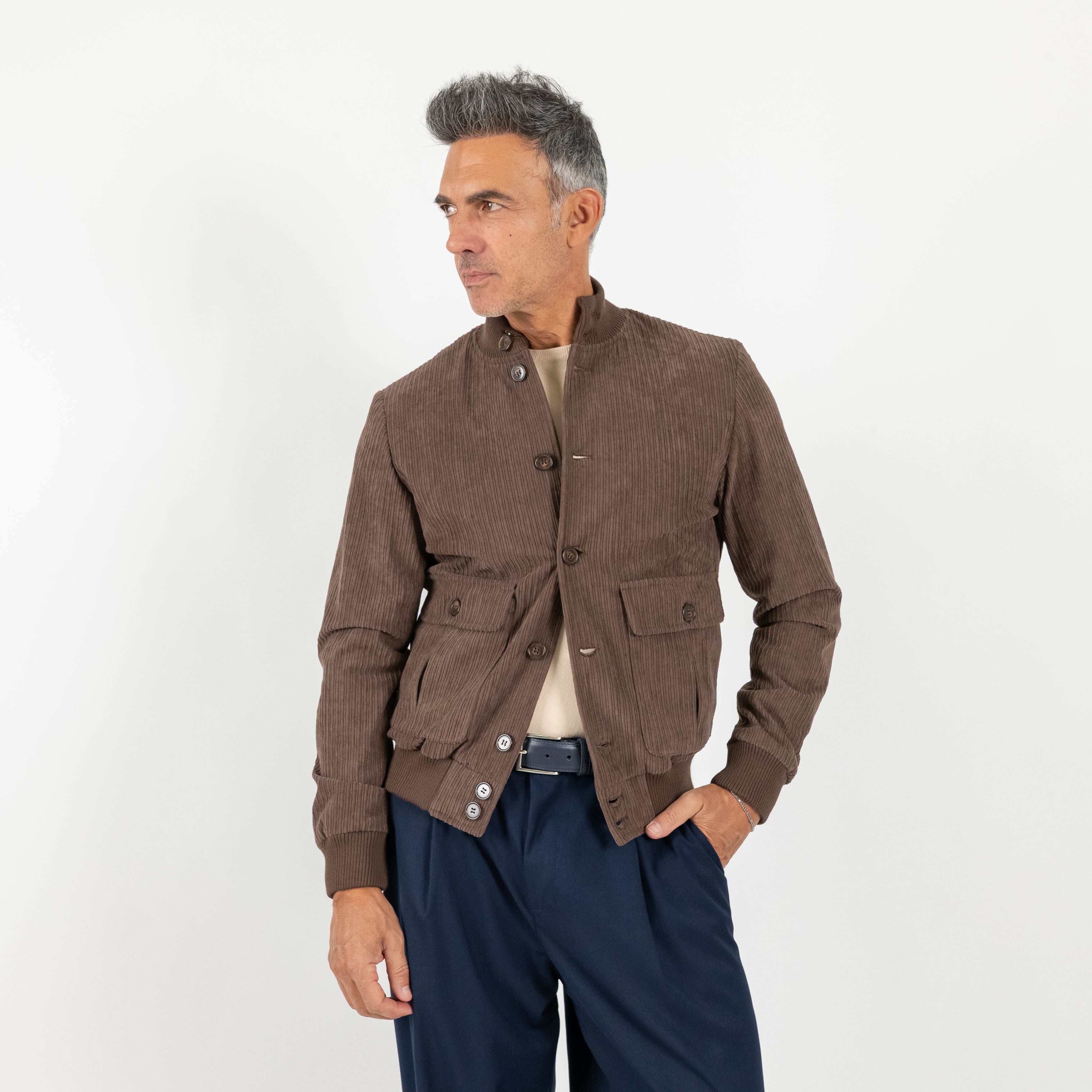 Bomber a costine con bottoni - Moro