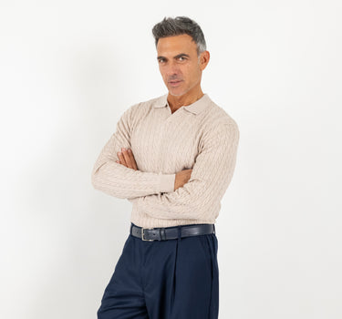 Maglia scollo a  V con trama a treccia - Beige