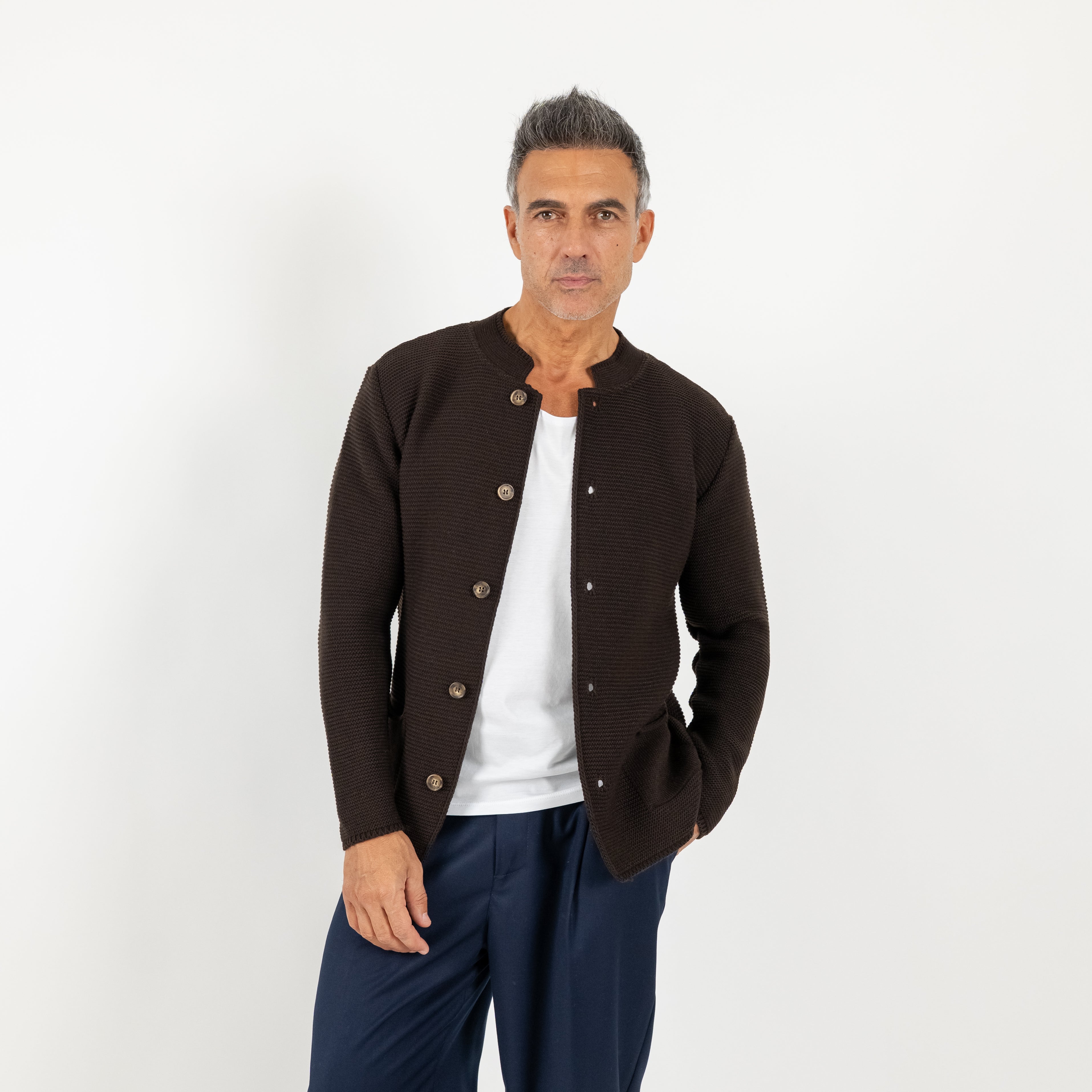 Cardigan a giacca scollo coreano - Moro