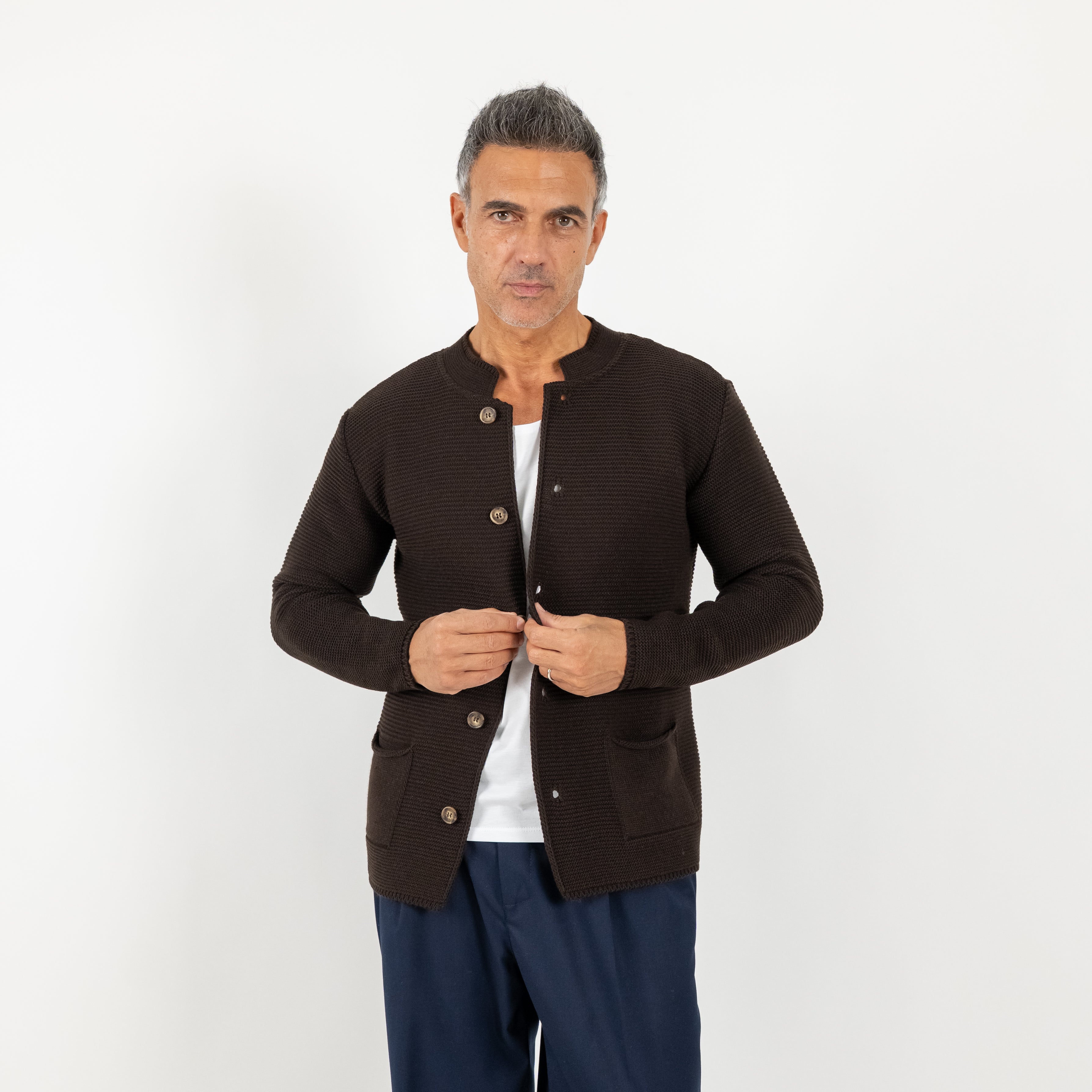 Cardigan a giacca scollo coreano - Moro