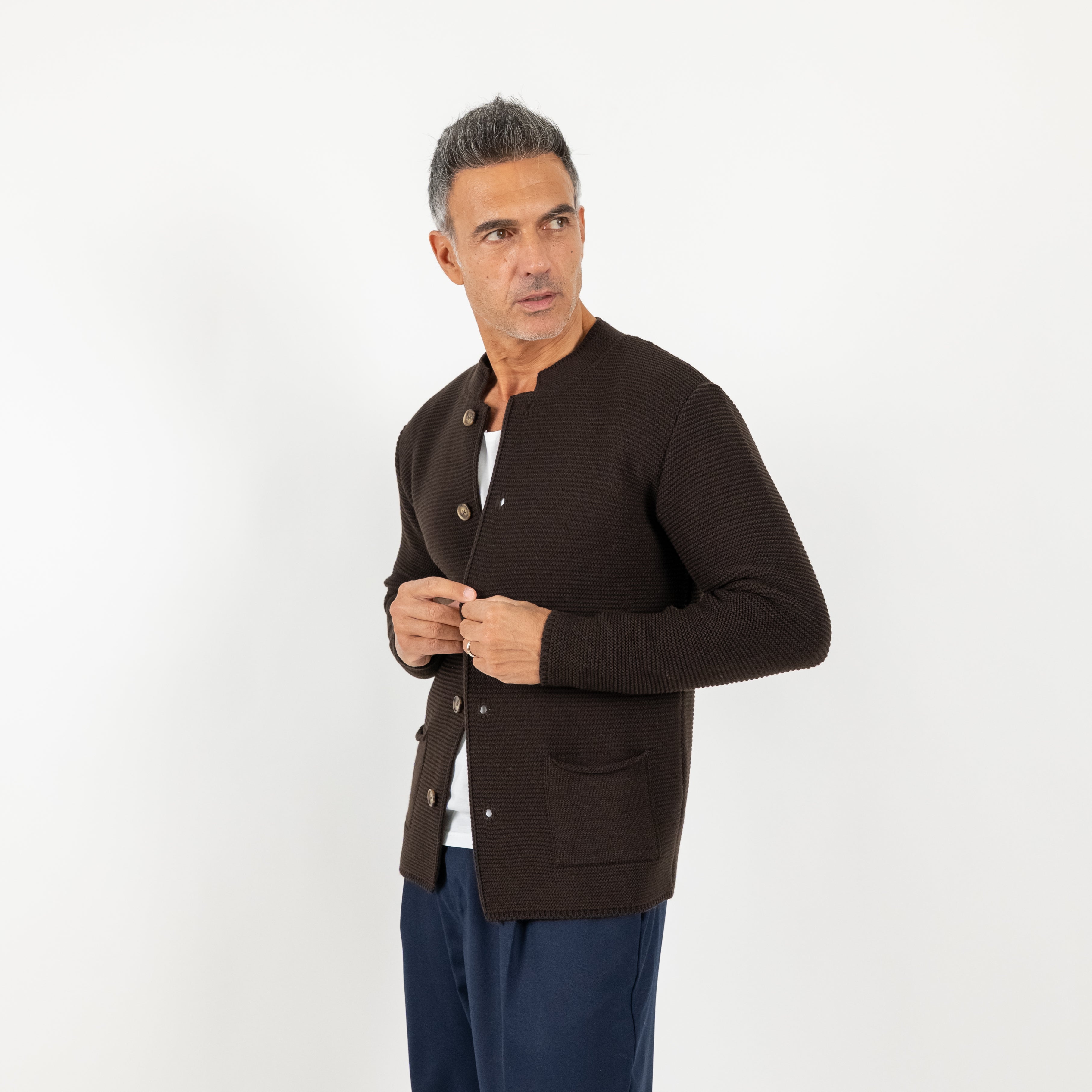 Cardigan a giacca scollo coreano - Moro