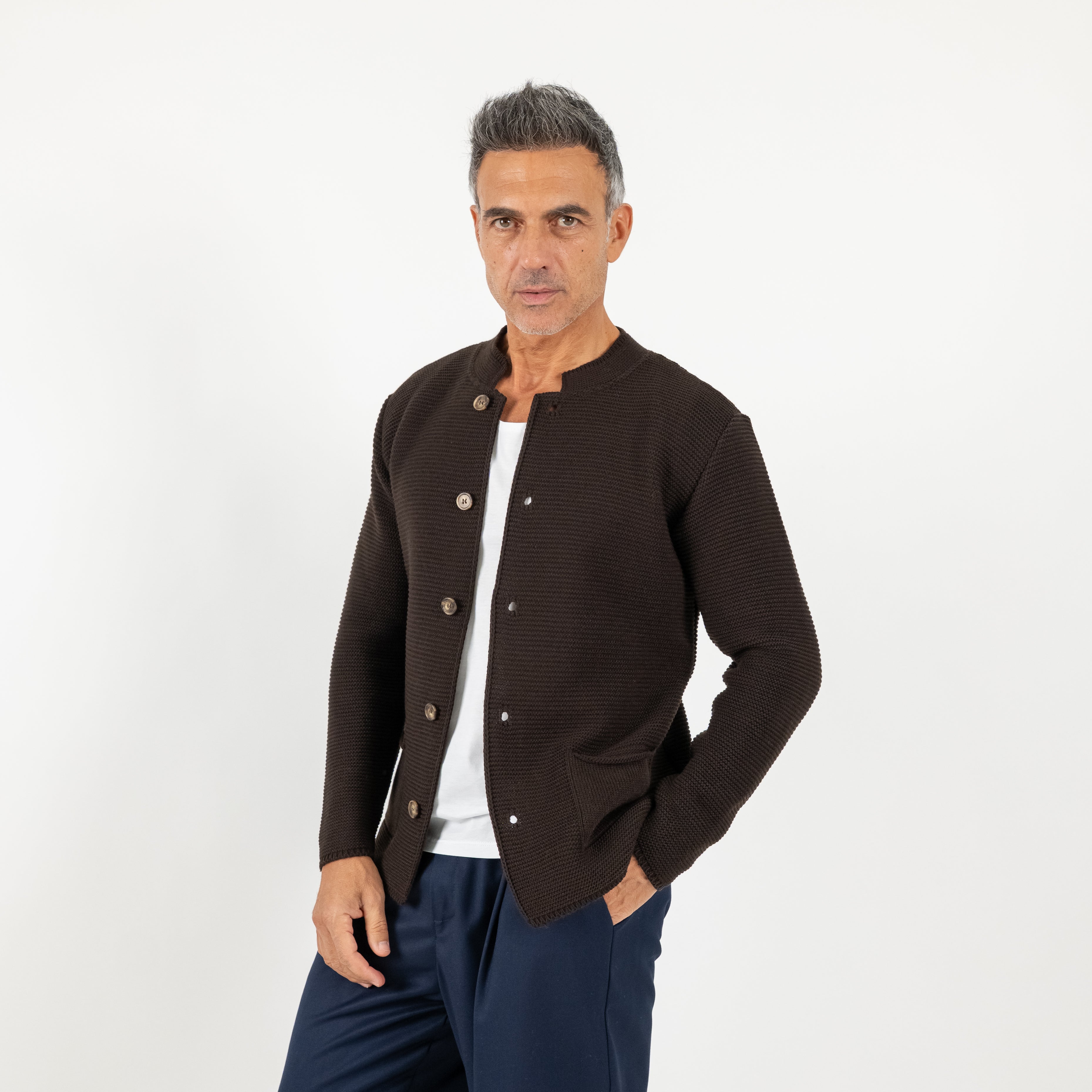 Cardigan a giacca scollo coreano - Moro