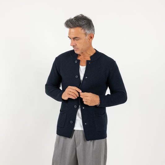 Cardigan a giacca scollo coreano - Blu