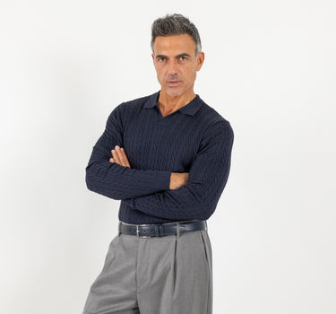 Maglia scollo a  V con trama a treccia - Blu