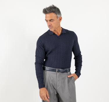 Maglia scollo a  V con trama a treccia - Blu