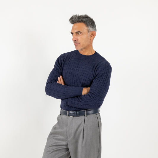 Maglia girocollo con trama a treccia - Blu