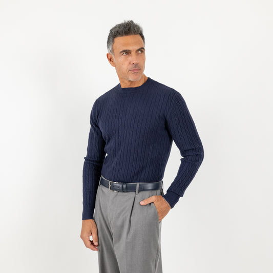 Maglia girocollo con trama a treccia - Blu