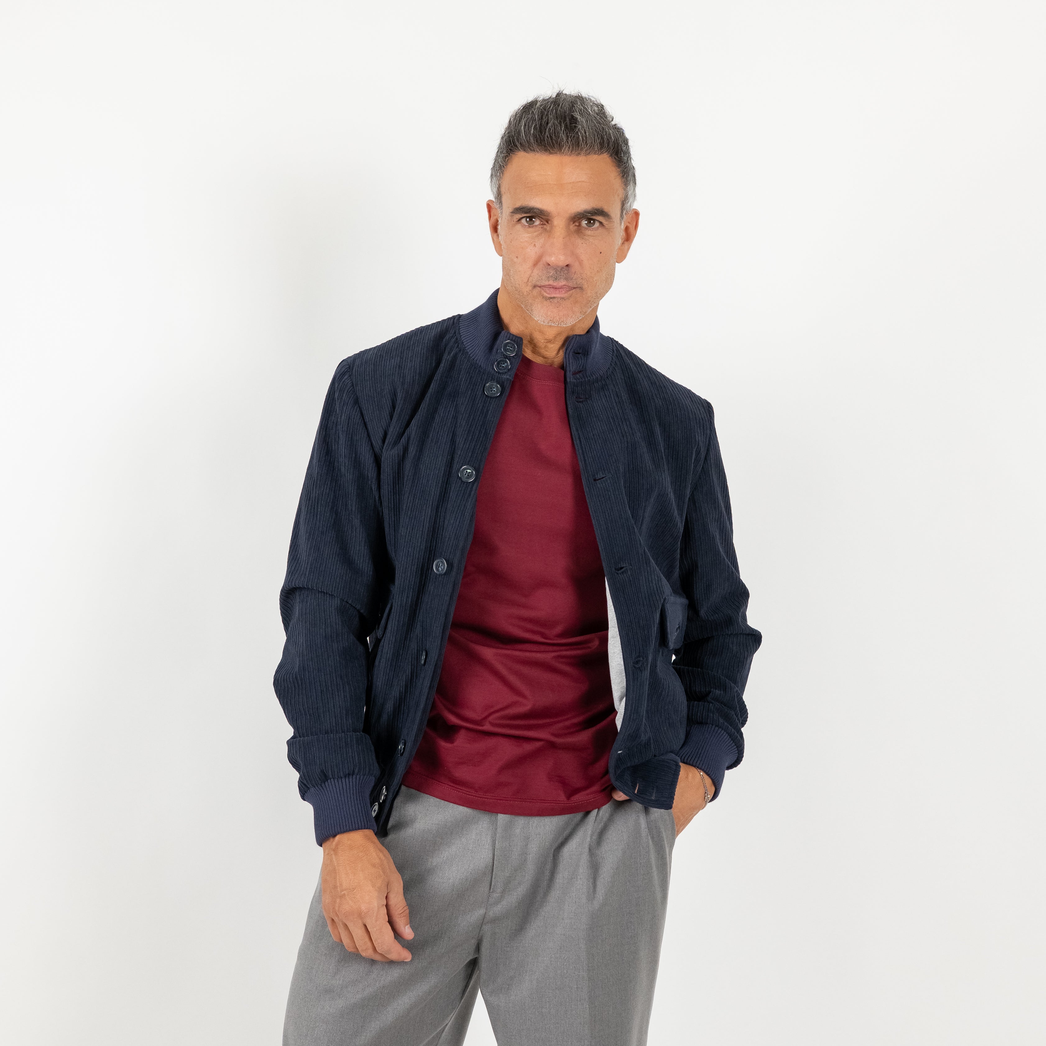 Bomber a costine con bottoni - Blu