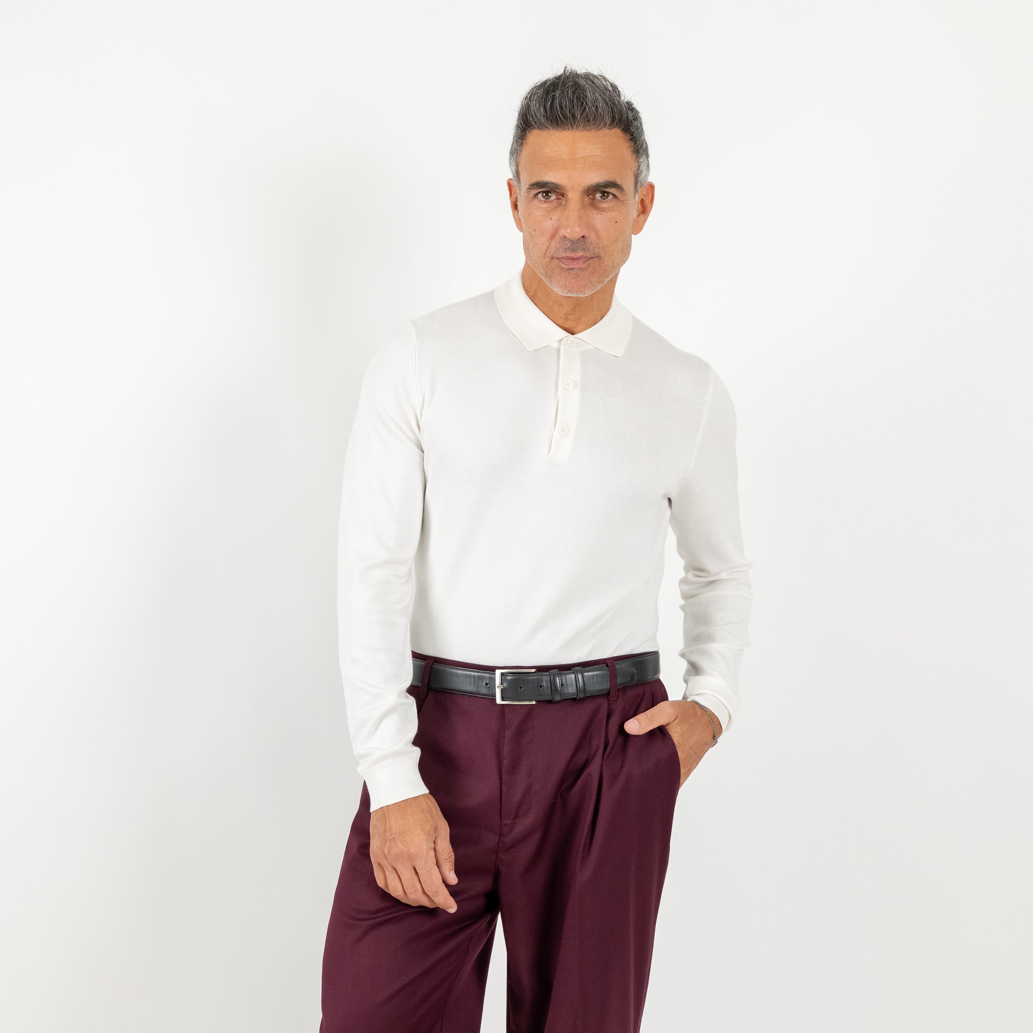 Polo in filo a manica lunga - Bianco