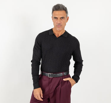 Maglia scollo a  V con trama a treccia - Nero