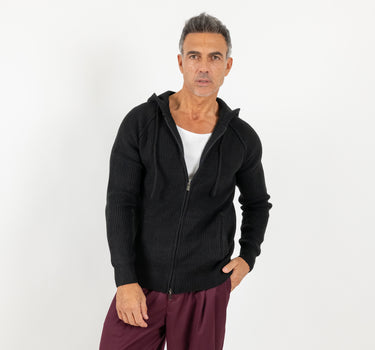 Felpa a costine con cappuccio - Nero