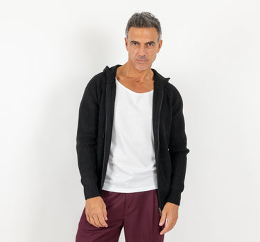 Felpa a costine con cappuccio - Nero