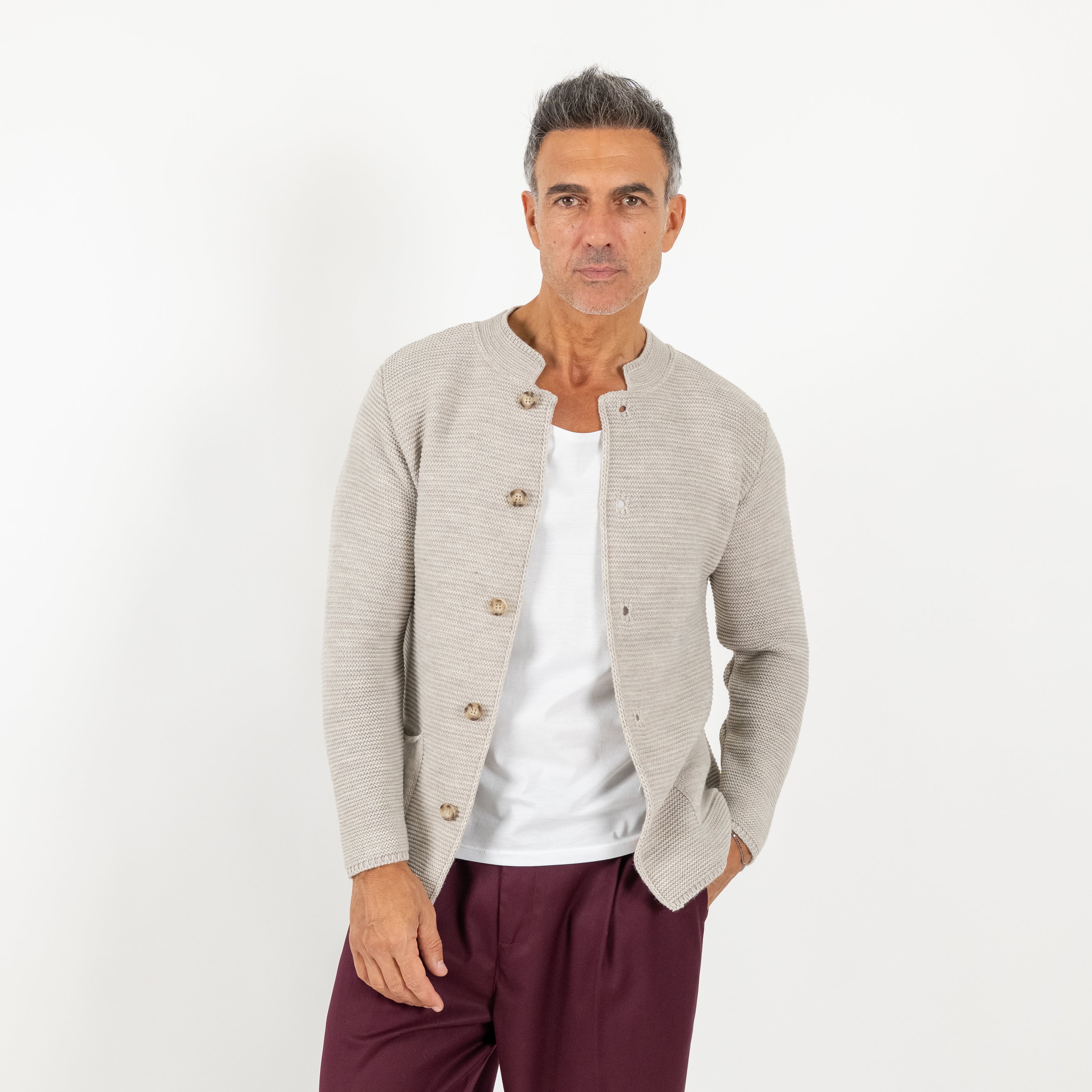 Cardigan a giacca scollo coreano - Beige