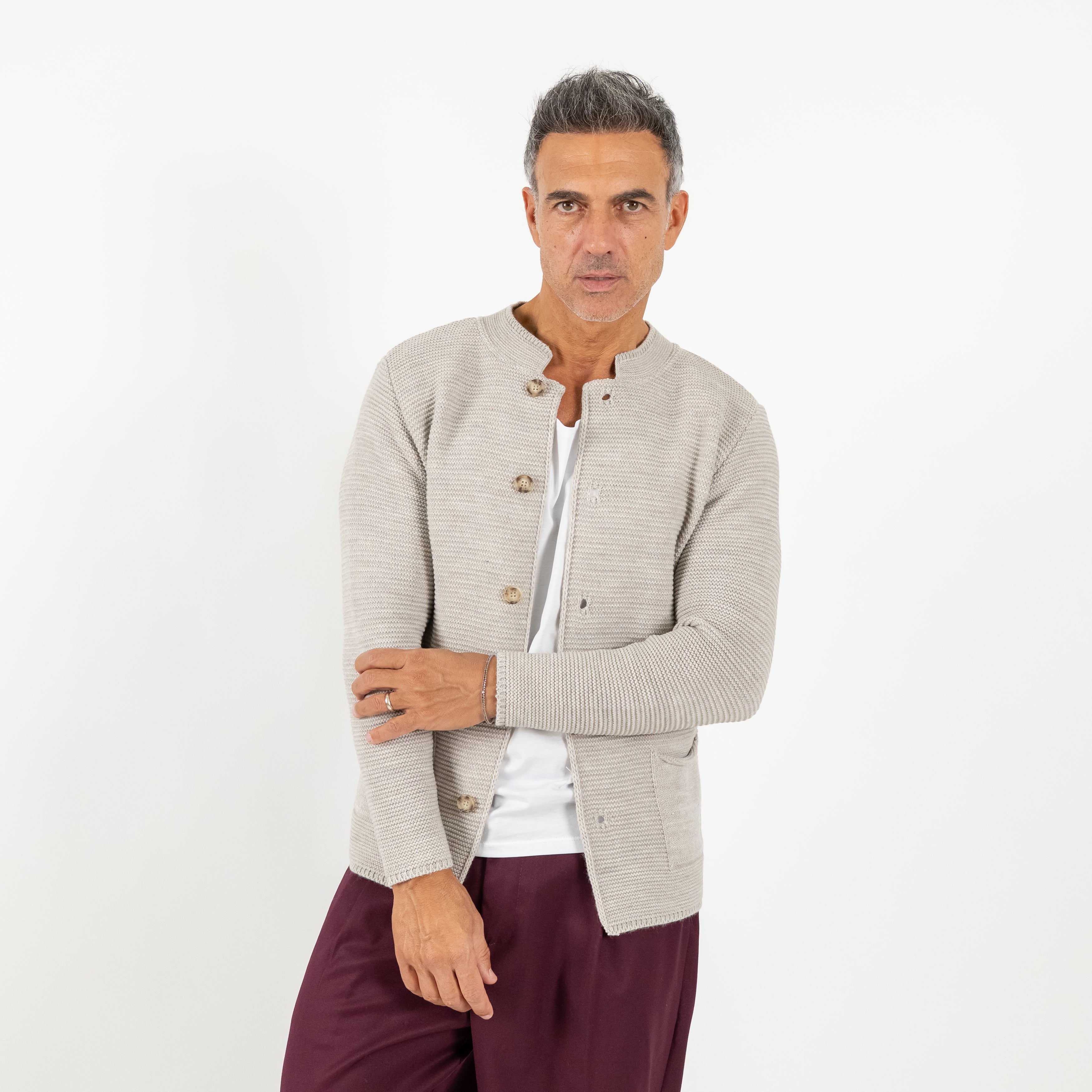 Cardigan a giacca scollo coreano - Beige