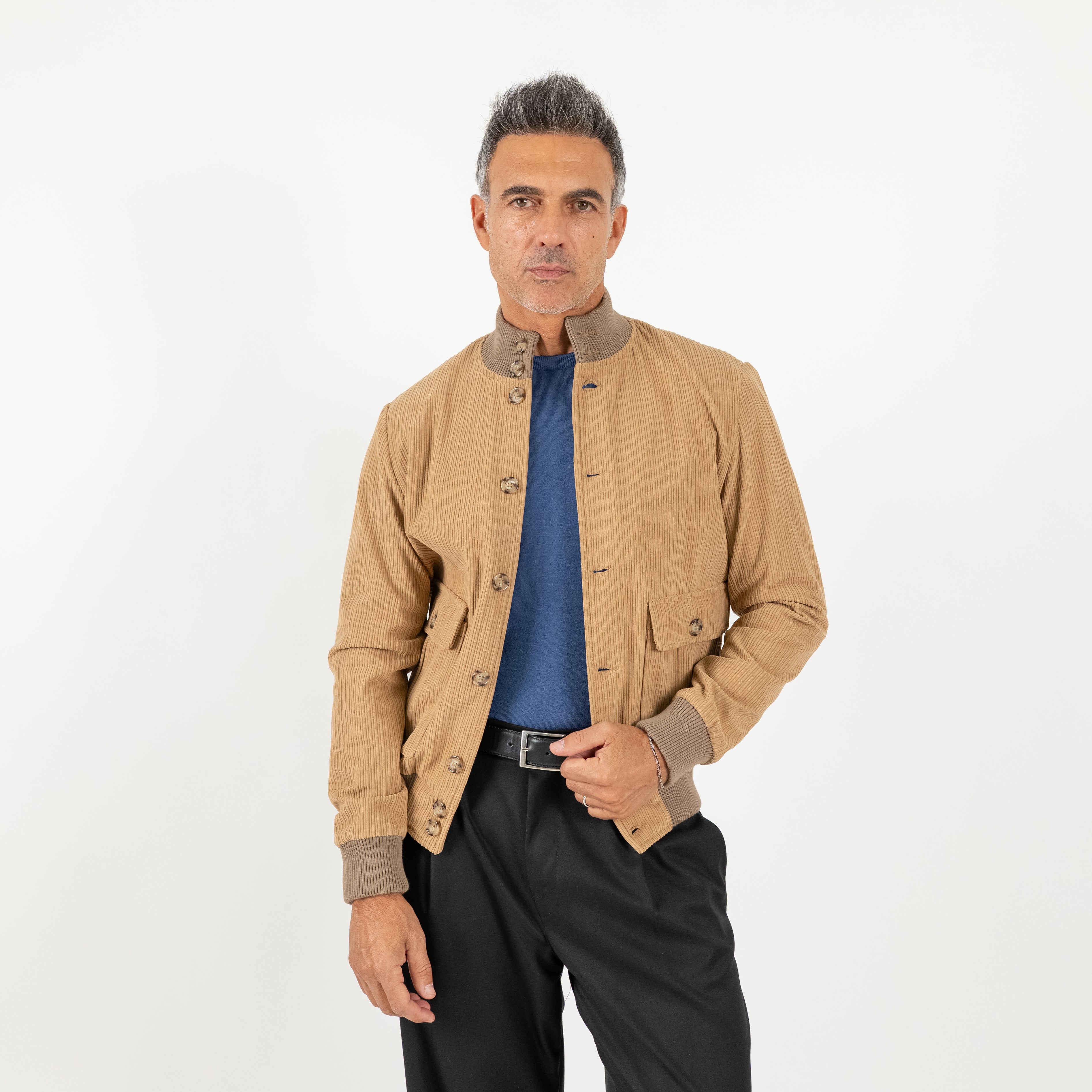 Bomber a costine con bottoni - Beige