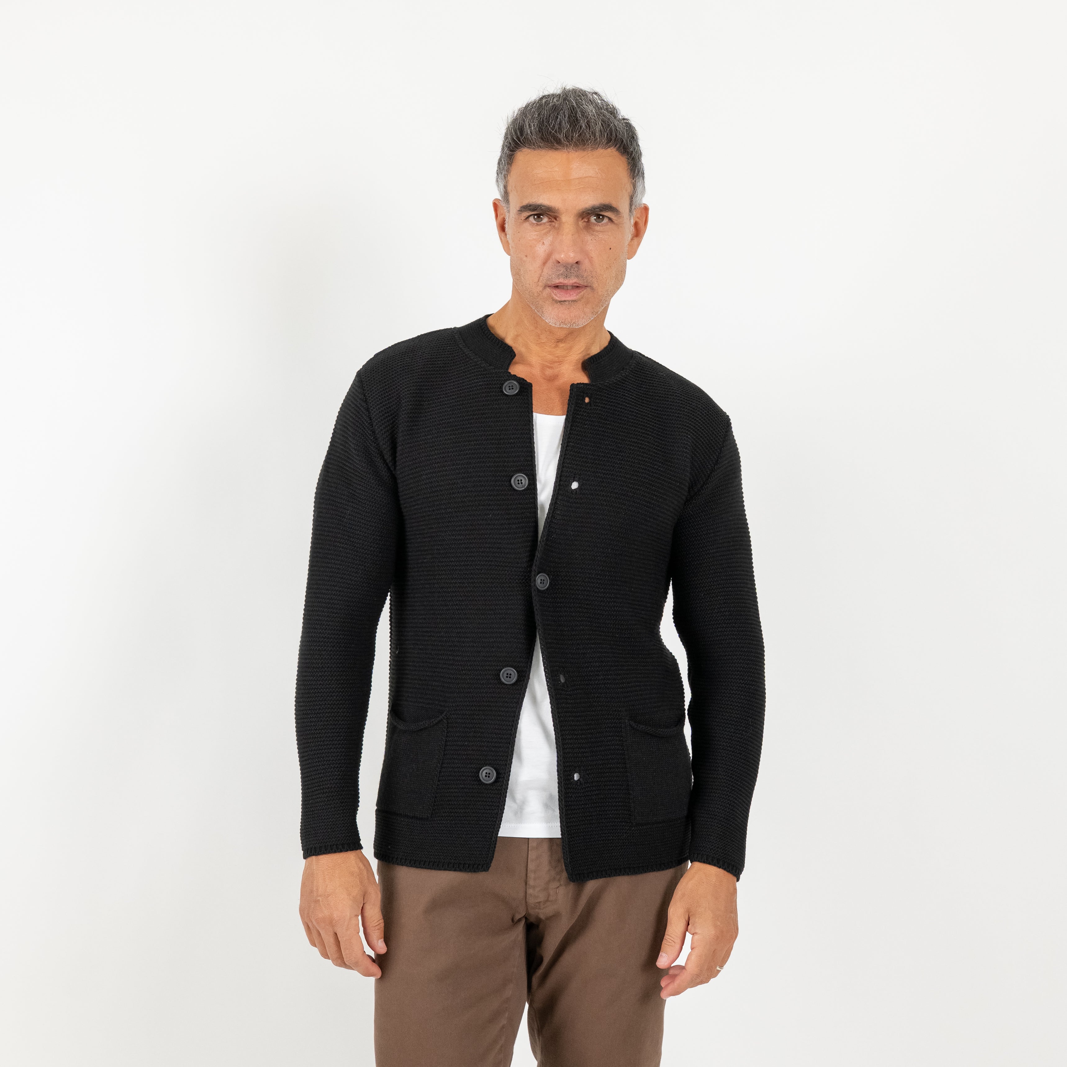Cardigan a giacca scollo coreano - Nero