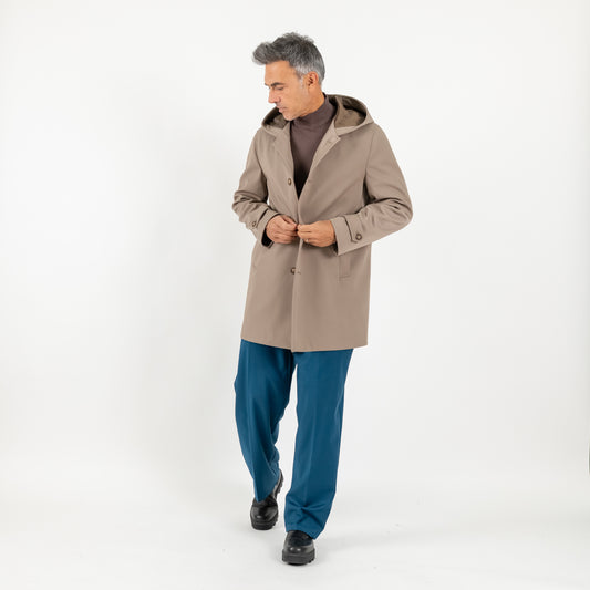 Trench monopetto con cappuccio - Fango