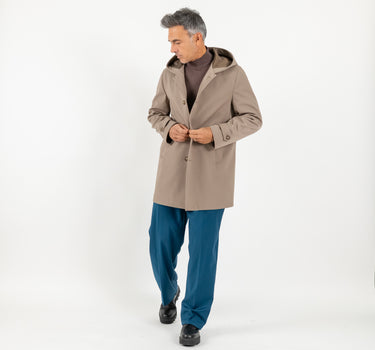Trench monopetto con cappuccio - Fango