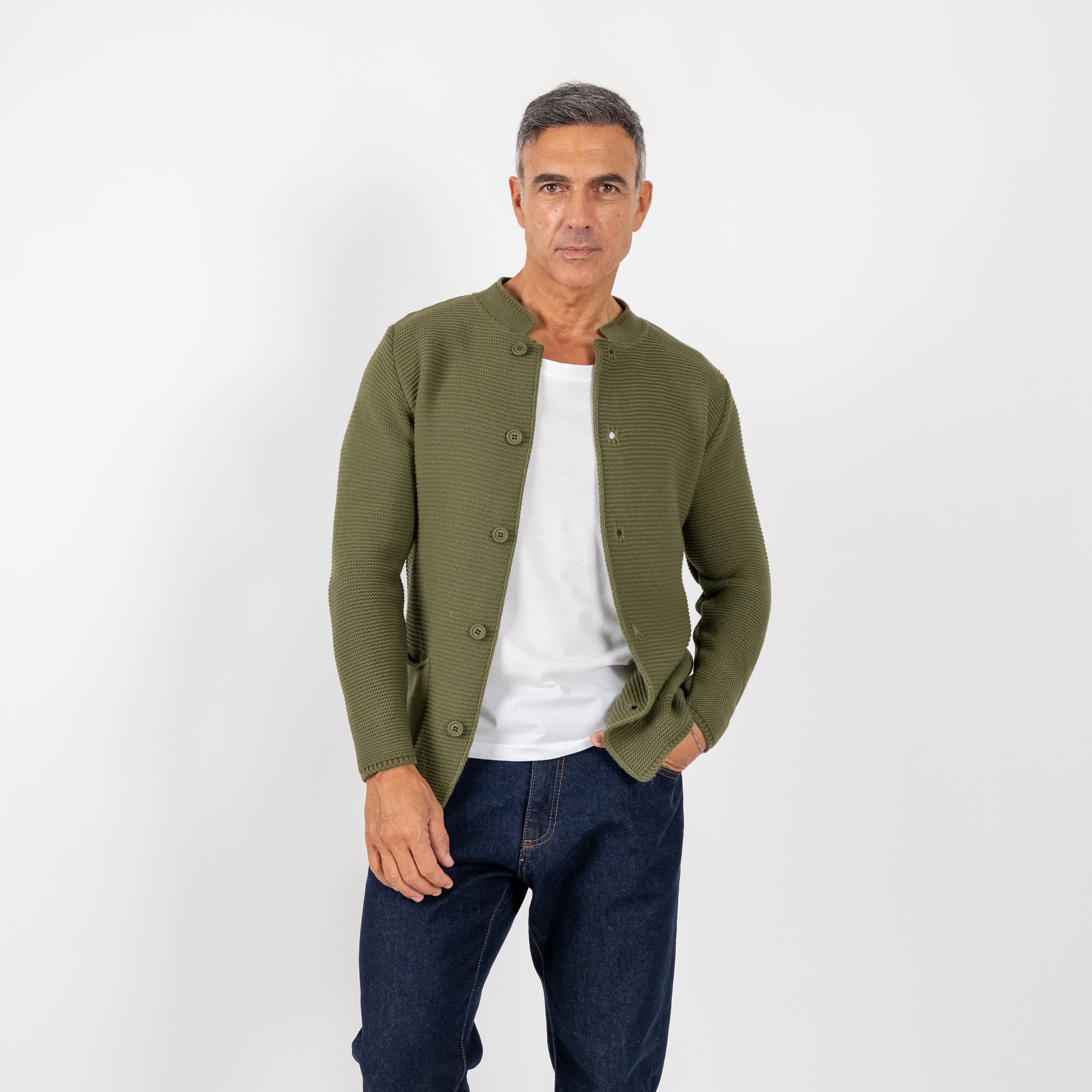 Cardigan a giacca scollo coreano - Verde Militare