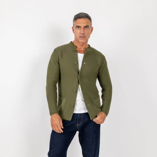 Cardigan a giacca scollo coreano - Verde Militare