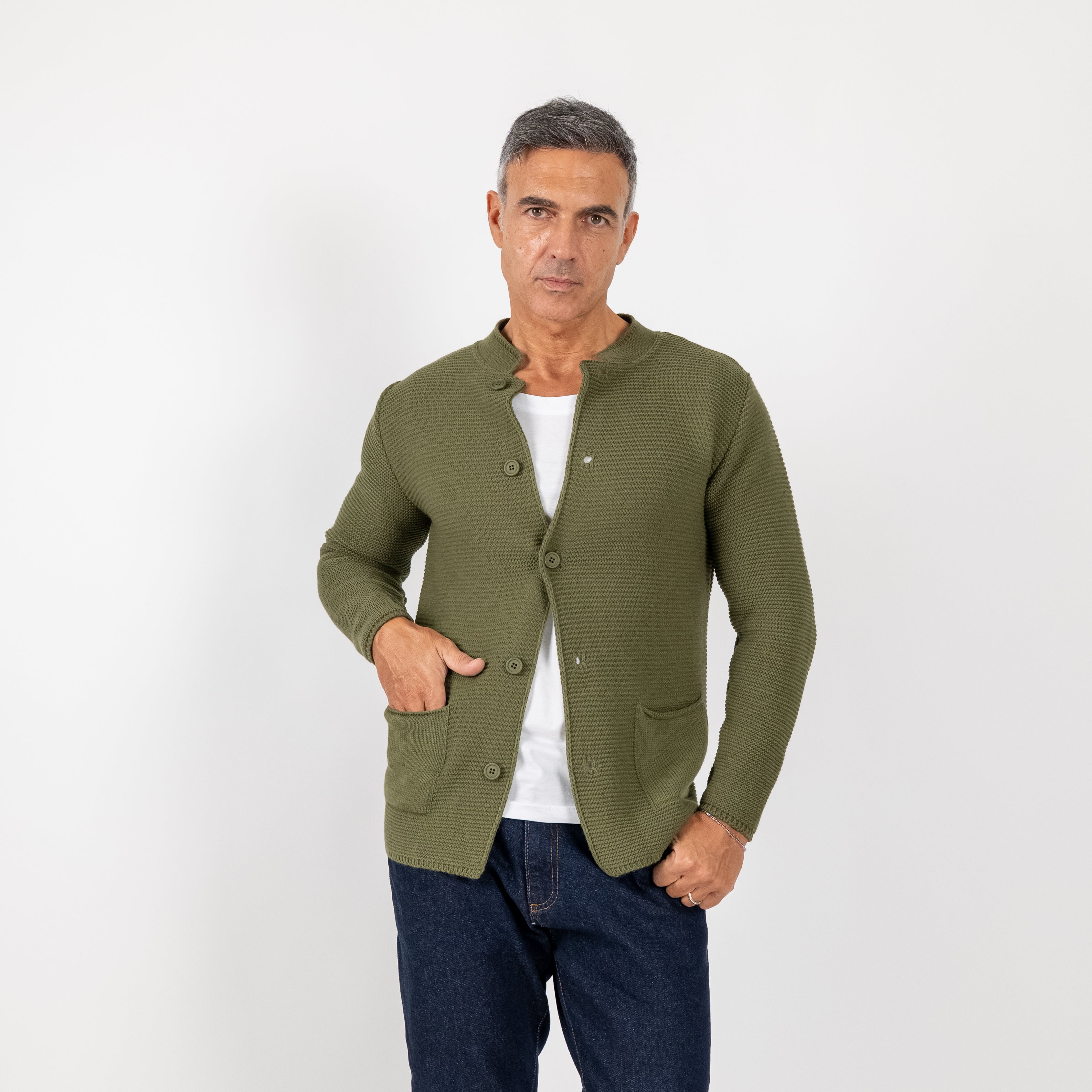 Cardigan a giacca scollo coreano - Verde Militare
