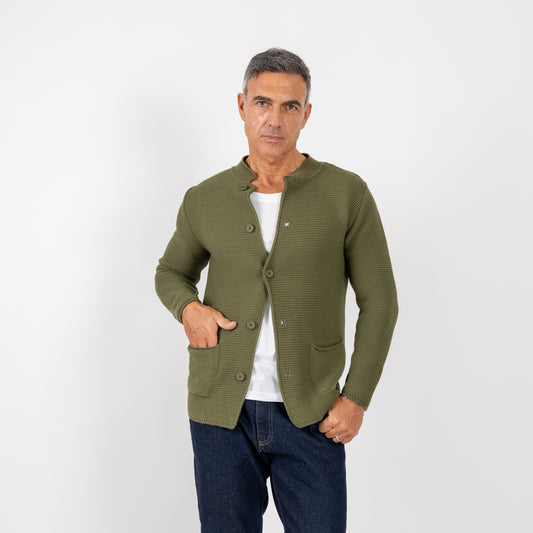 Cardigan a giacca scollo coreano - Verde Militare