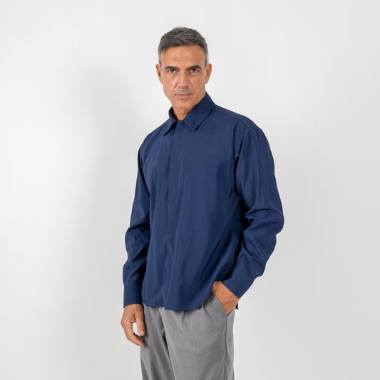 Camicia in viscosa con fintone coperto - Blu