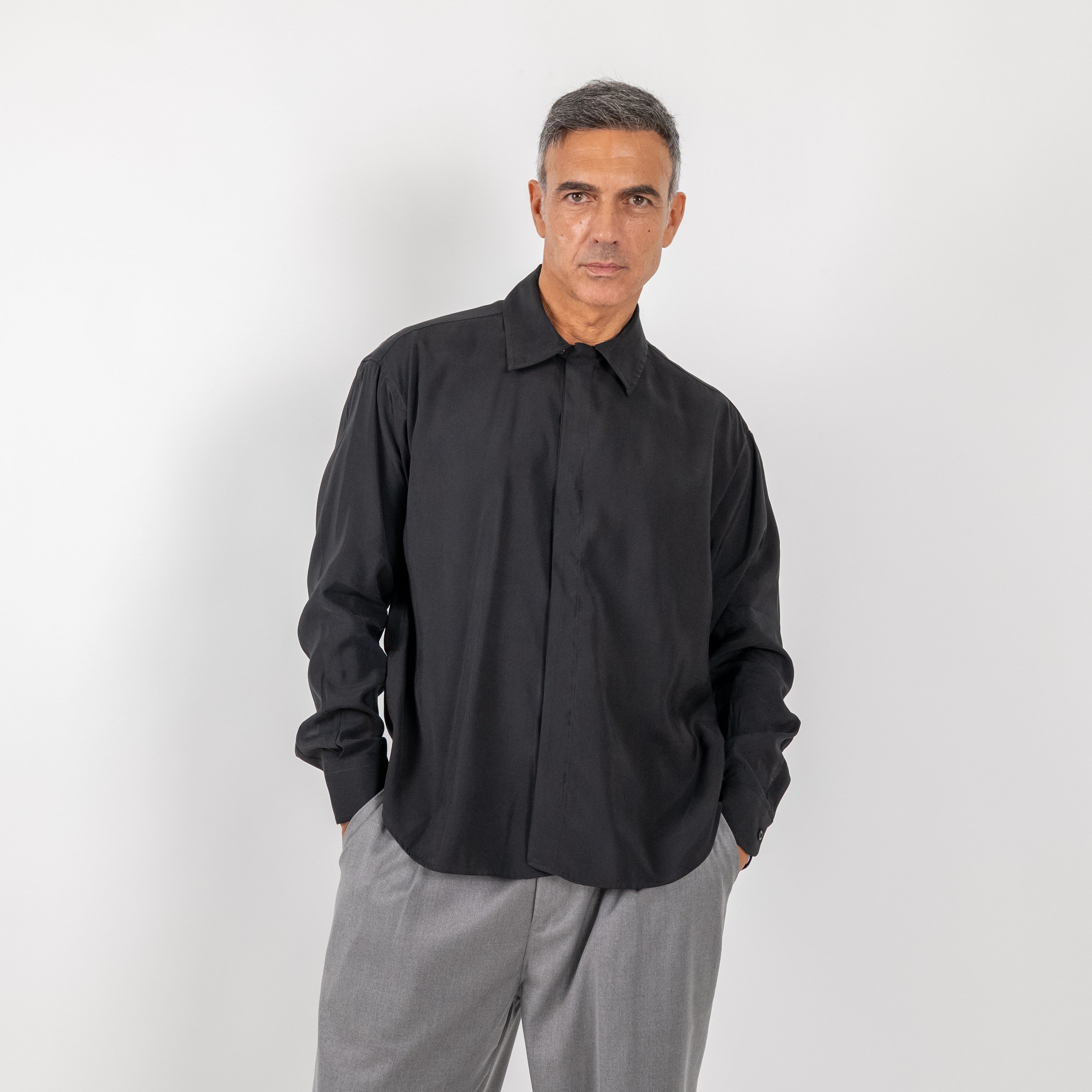 Camisa de viscosa de manga larga - Negro