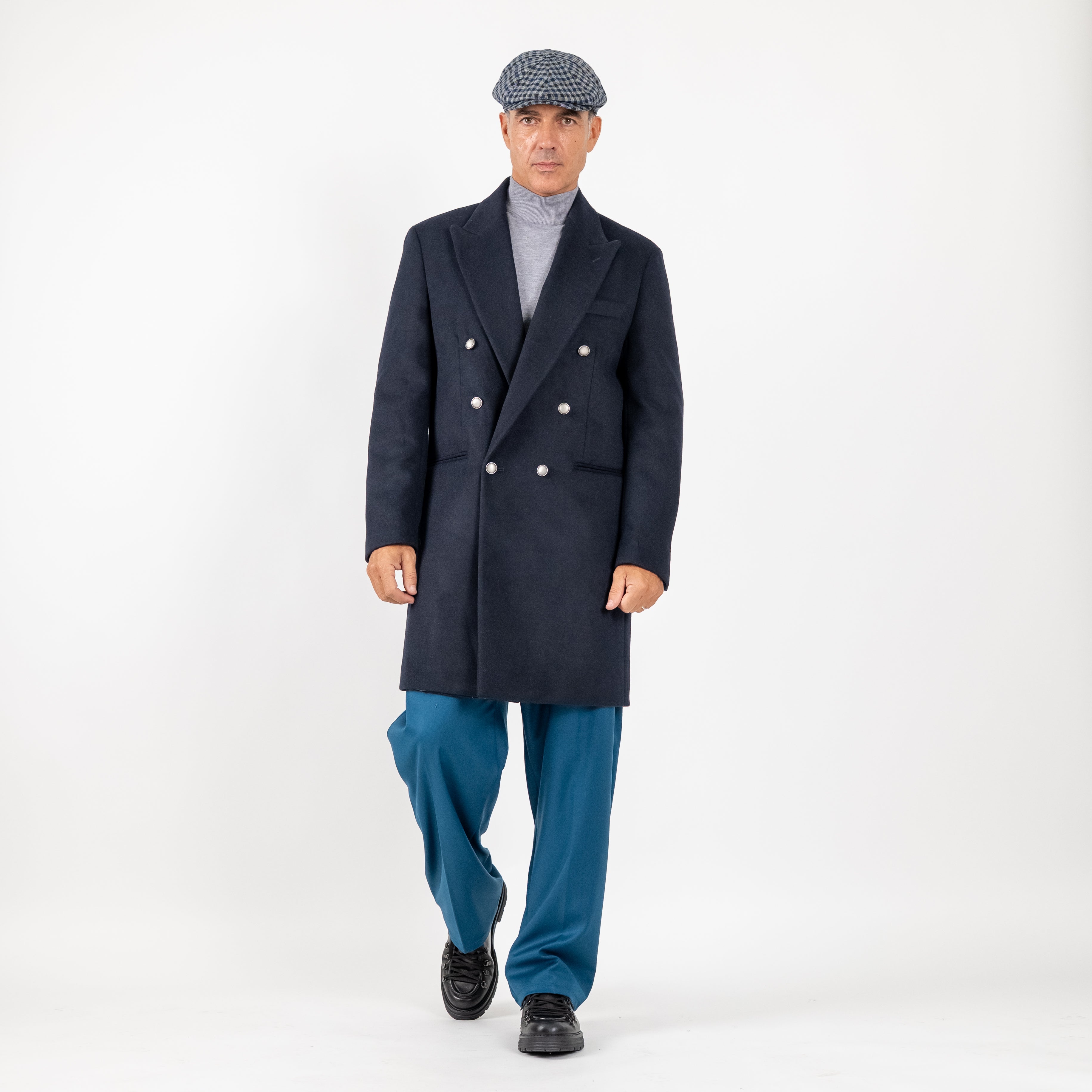 Cappotto lungo doppiopetto bottoni argento - Blu