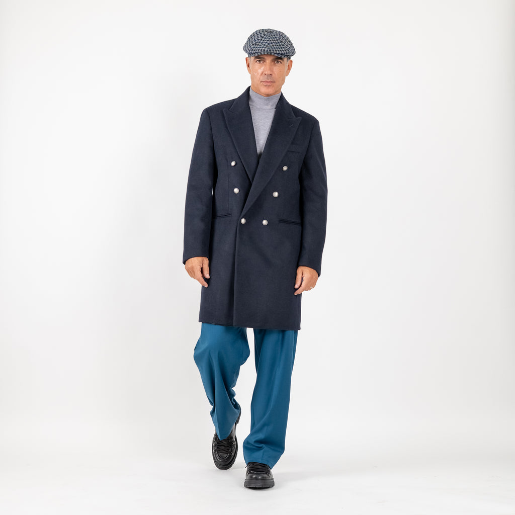 Long double-breasted coat with silver buttons - Blue