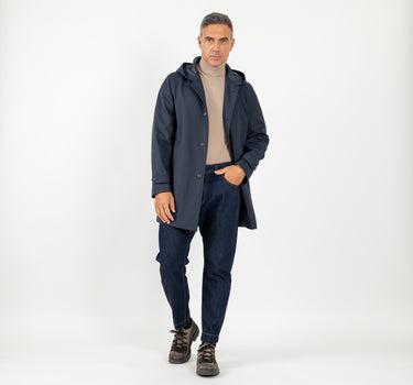 Trench monopetto con cappuccio - Blu