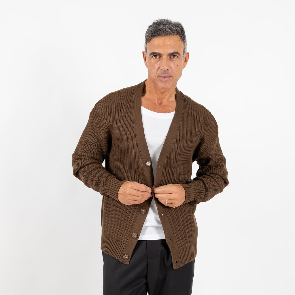 Wool Blend Cardigan with Buttons - Brown