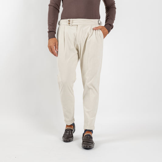 Pantalone effetto velluto con fibbia laterale - Panna
