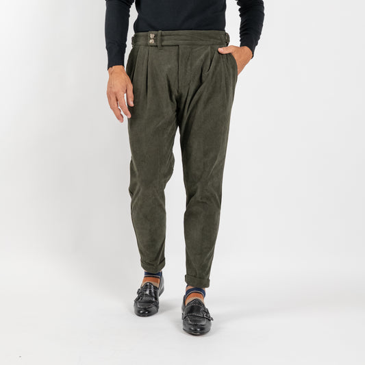 Pantalone effetto velluto con fibbia laterale - Verde Militare