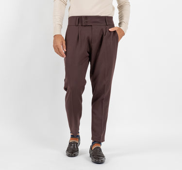 Pantalone con Fascia a Vita Alta e Doppio Bottone - Moro