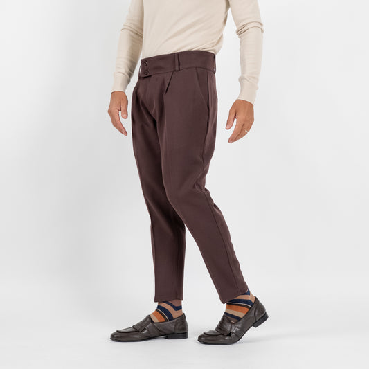 Pantalone con Fascia a Vita Alta e Doppio Bottone - Moro