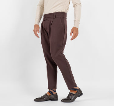 Pantalone con Fascia a Vita Alta e Doppio Bottone - Moro