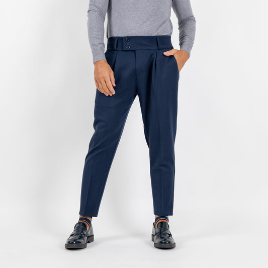 Pantalone con Fascia a Vita Alta e Doppio Bottone - Blu