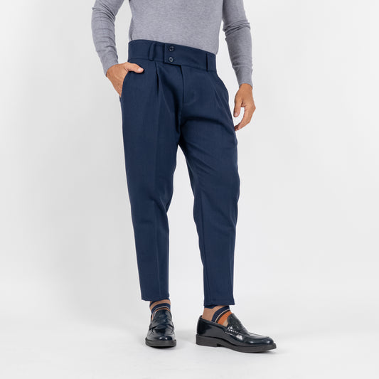 Pantalone con Fascia a Vita Alta e Doppio Bottone - Blu