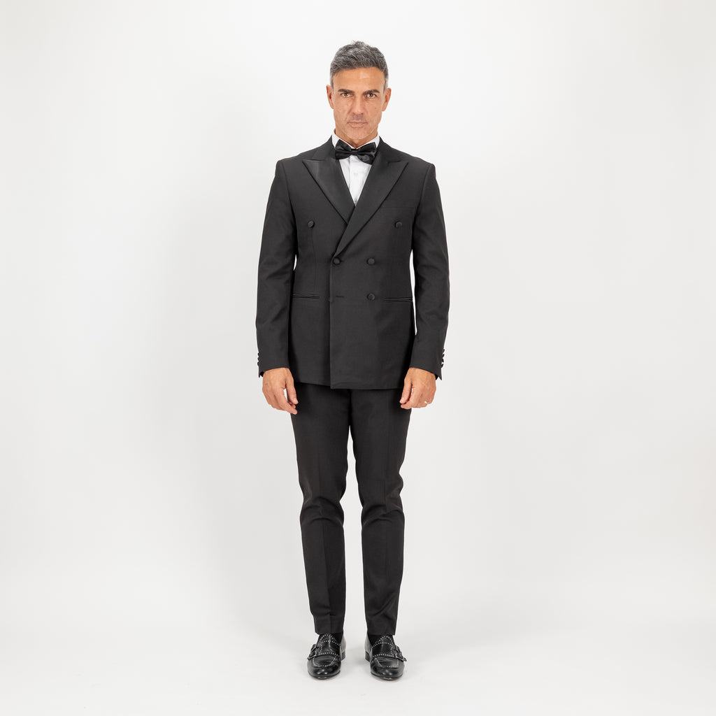 Abito smoking doppiopetto con rever e bottoni effetto seta - Nero