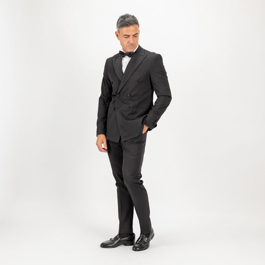 Abito smoking doppiopetto con rever e bottoni effetto seta - Nero