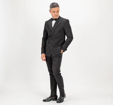 Abito smoking doppiopetto con rever e bottoni effetto seta - Nero