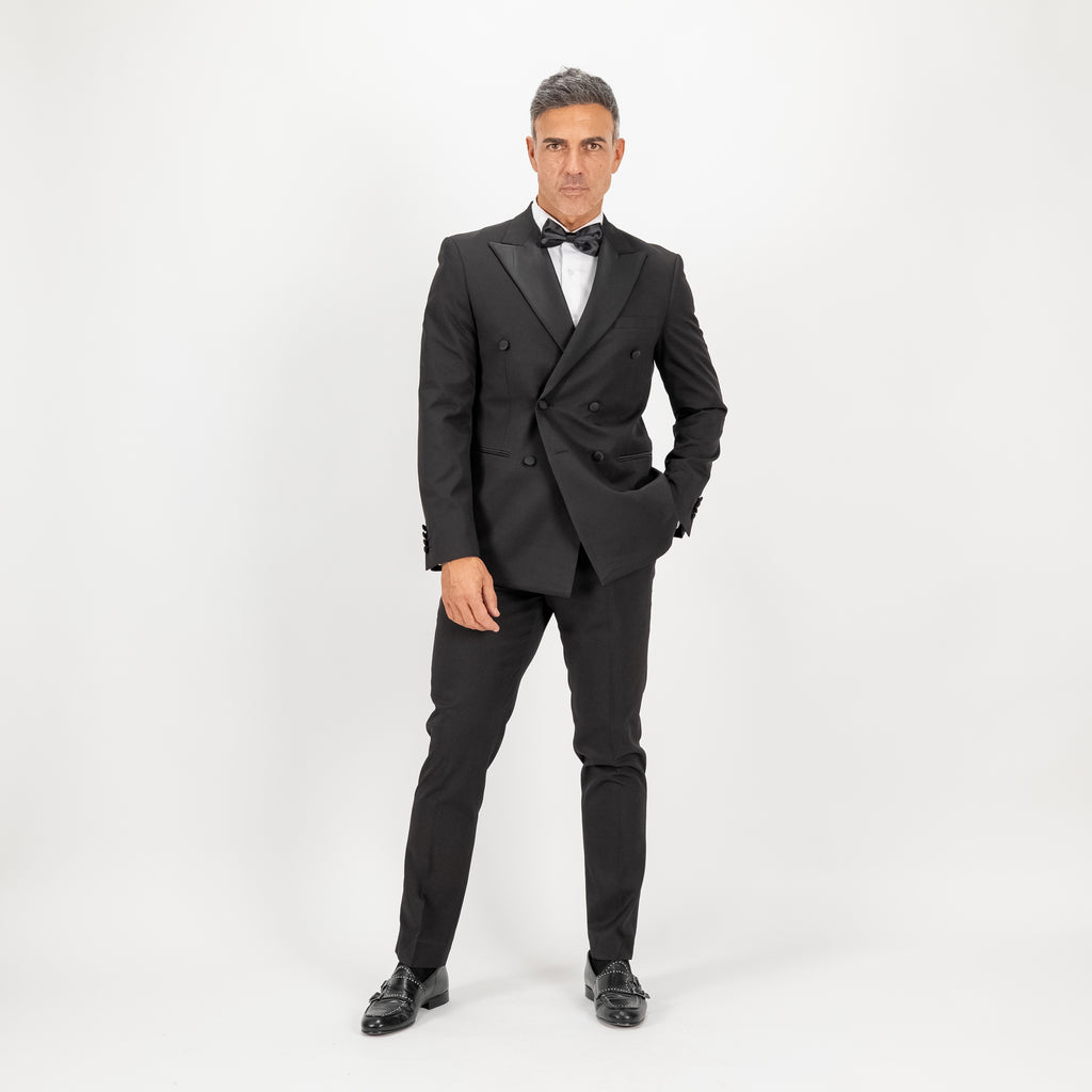 Abito smoking doppiopetto con rever e bottoni effetto seta - Nero