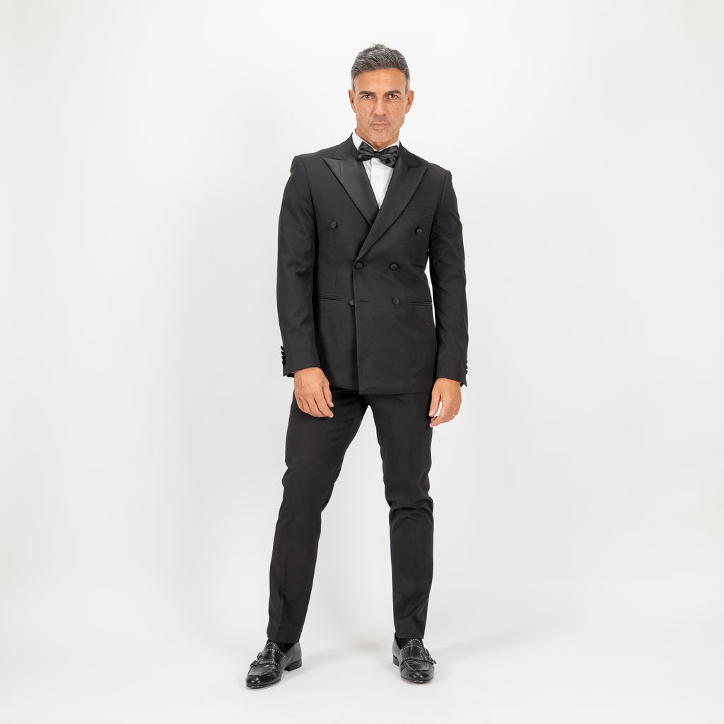 Abito smoking doppiopetto con rever e bottoni effetto seta - Nero